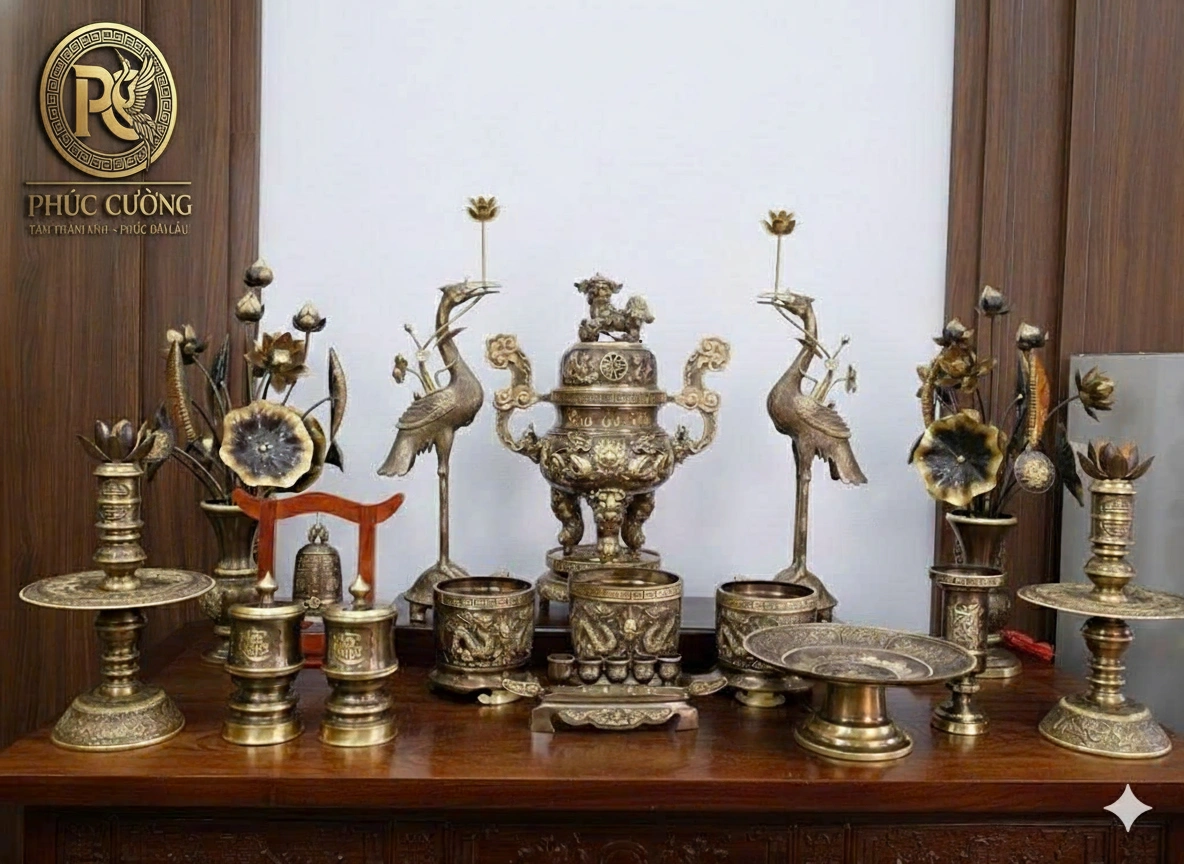 Bộ ngũ sự Phụng Gia Tiên Tứ Linh màu hun cổ kèm phụ kiện
