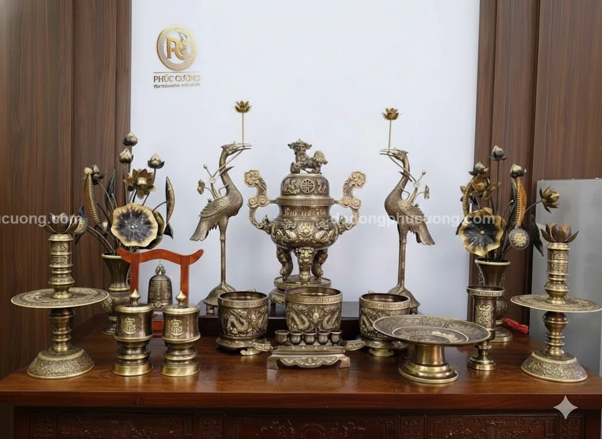 Bộ ngũ sự Phụng Gia Tiên Tứ Linh màu hun cổ kèm phụ kiện