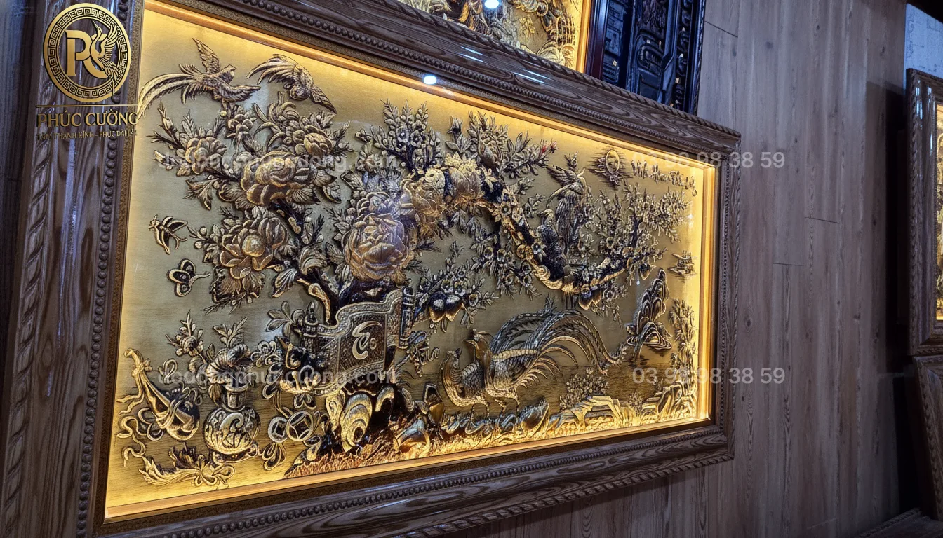 Tranh đồng phong thủy dát vàng 24k Song Kê Vinh Hoa Phú Quý