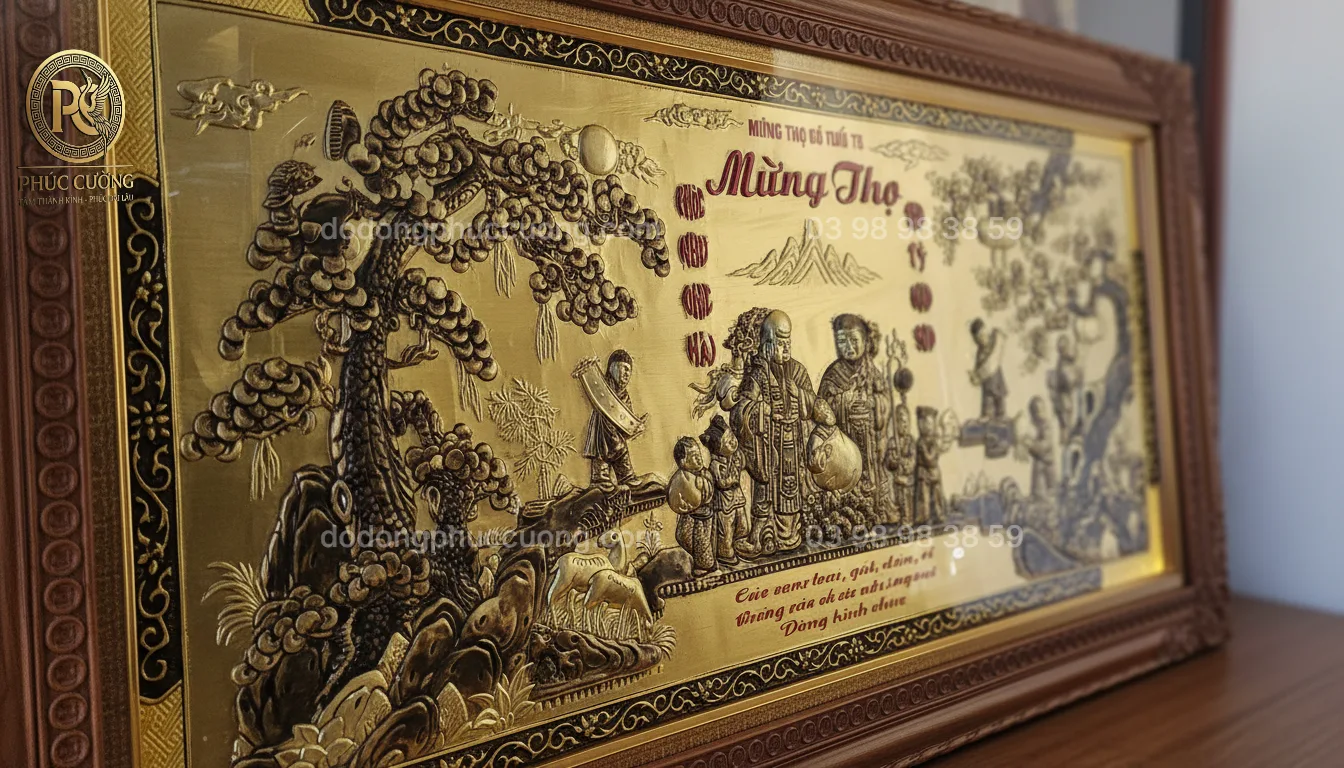Tranh đồng phong thủy dát vàng 24k Mừng Thọ Phúc Như Đông Hải - Thọ Tỷ Nam Sơn
