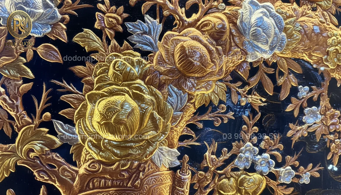 Tranh đồng phong thủy dát vàng 24k Song Kê Vinh Hoa Phú Quý