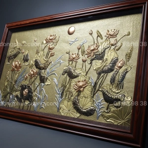 Tranh đồng phong thủy dát vàng 24k Hồ Sen Nguyệt