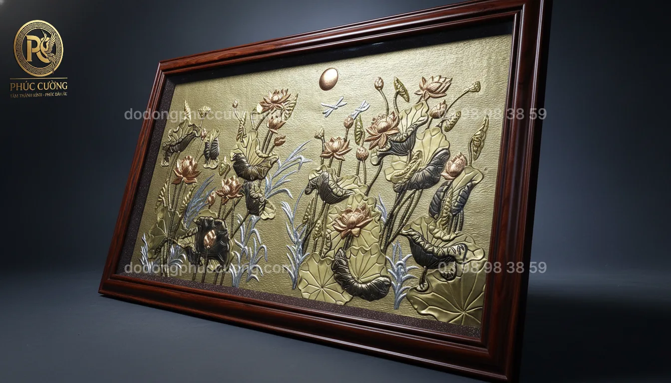 Tranh đồng phong thủy dát vàng 24k Hồ Sen Nguyệt