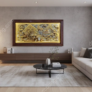 Tranh đồng phong thủy dát vàng 24k Cội nguồn quê hương