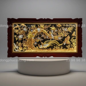Tranh đồng phong thủy dát vàng 24k Song Kê Vinh Hoa Phú Quý