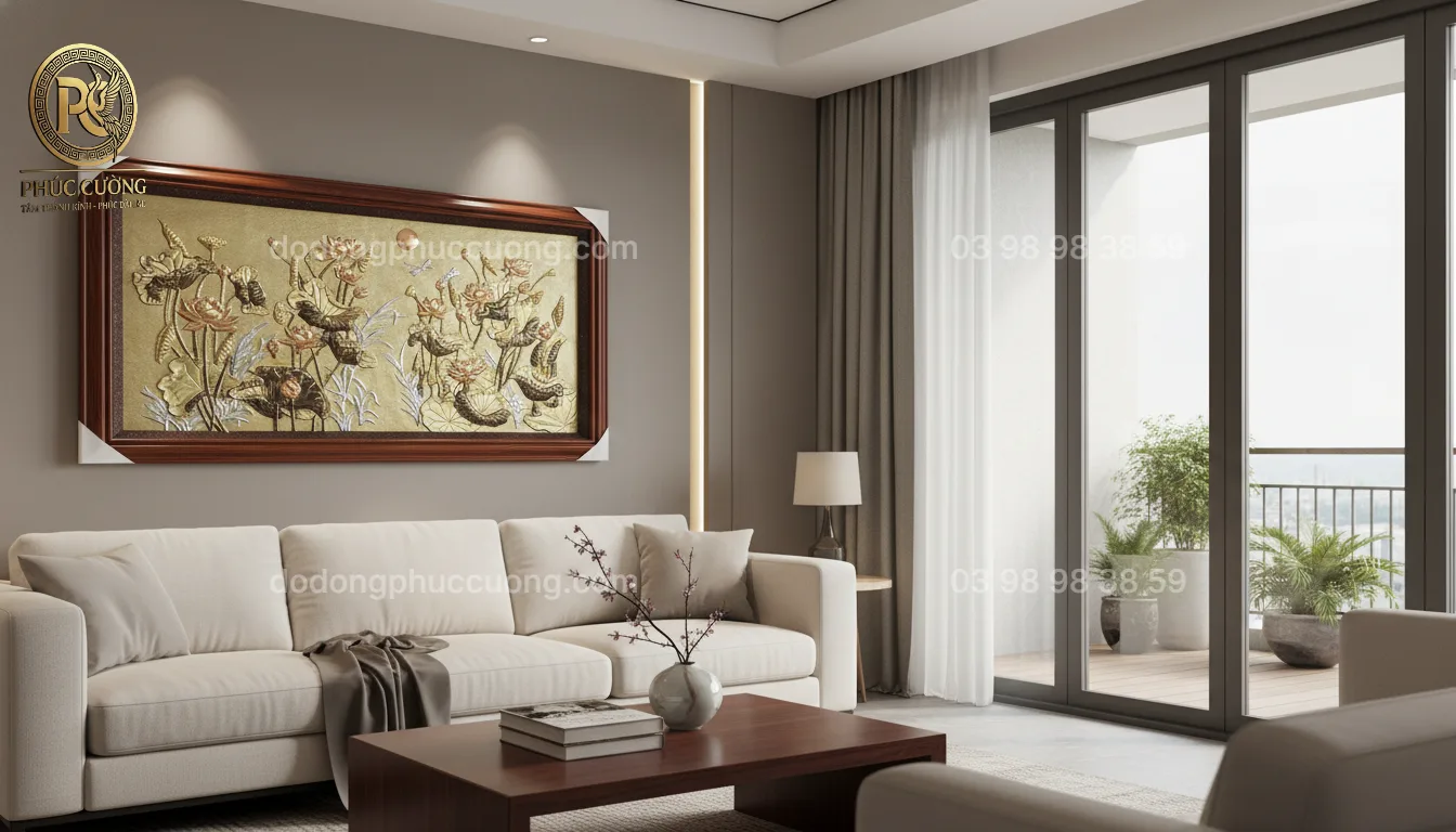 Tranh đồng phong thủy dát vàng 24k Hồ Sen Nguyệt