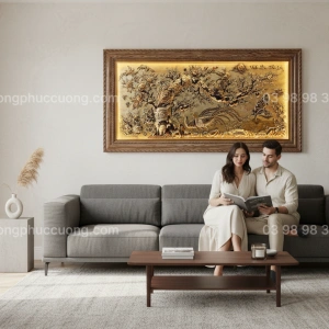 Tranh đồng phong thủy dát vàng 24k Song Kê Vinh Hoa Phú Quý