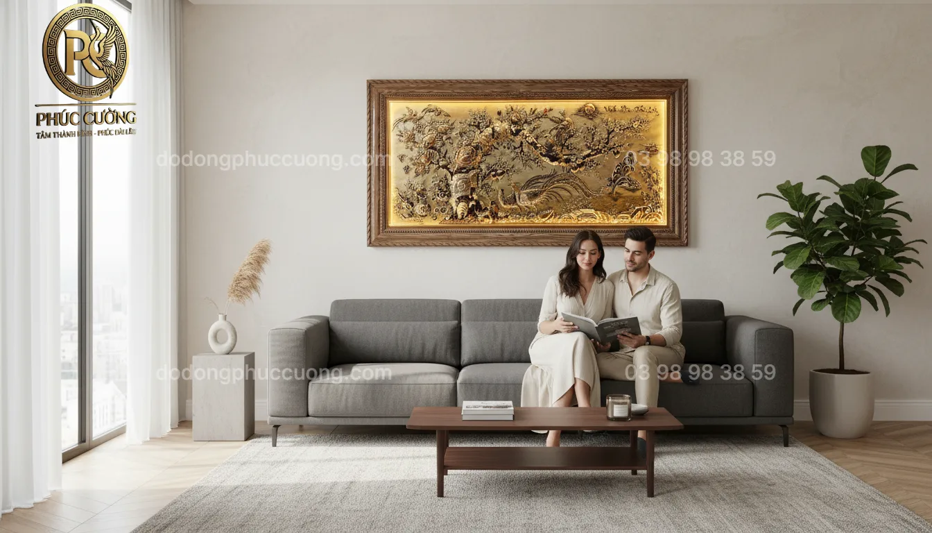 Tranh đồng phong thủy dát vàng 24k Song Kê Vinh Hoa Phú Quý