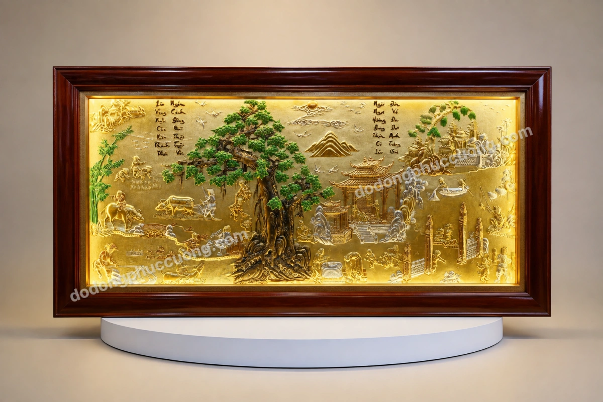 Tranh đồng phong thủy dát vàng 24K Cội nguồn quê hương