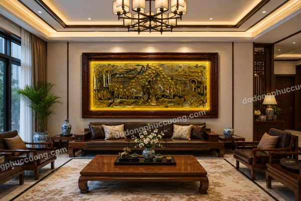 Tranh đồng phong thủy dát vàng 24k Vinh quy bái tổ