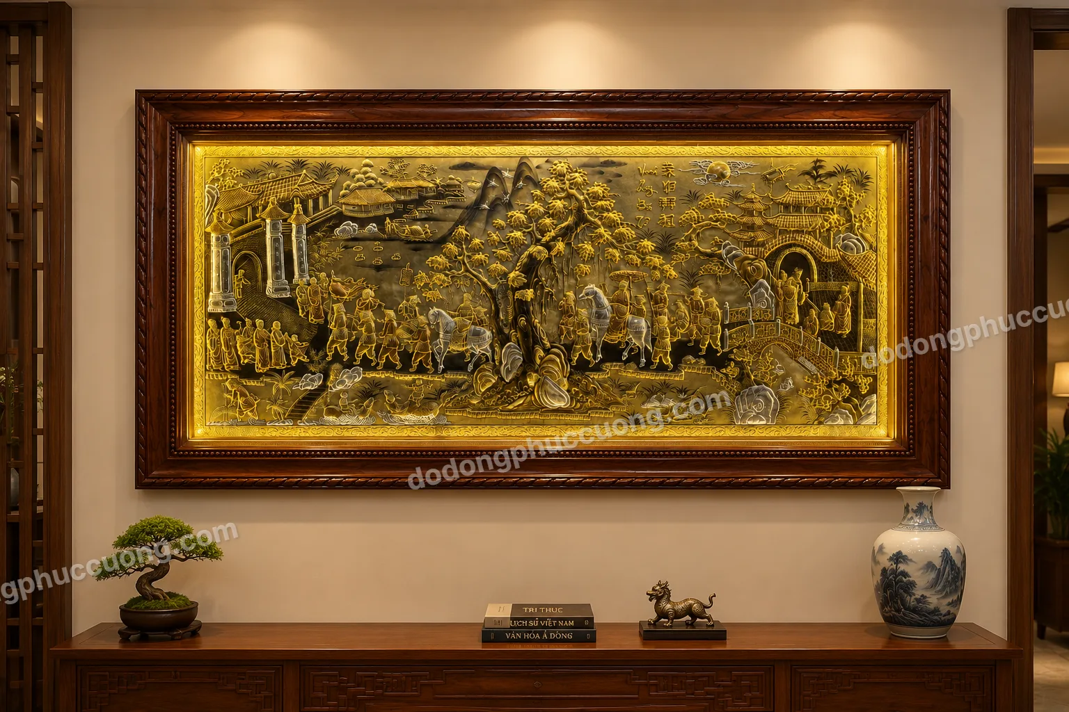 Tranh đồng phong thủy dát vàng 24k Vinh quy bái tổ